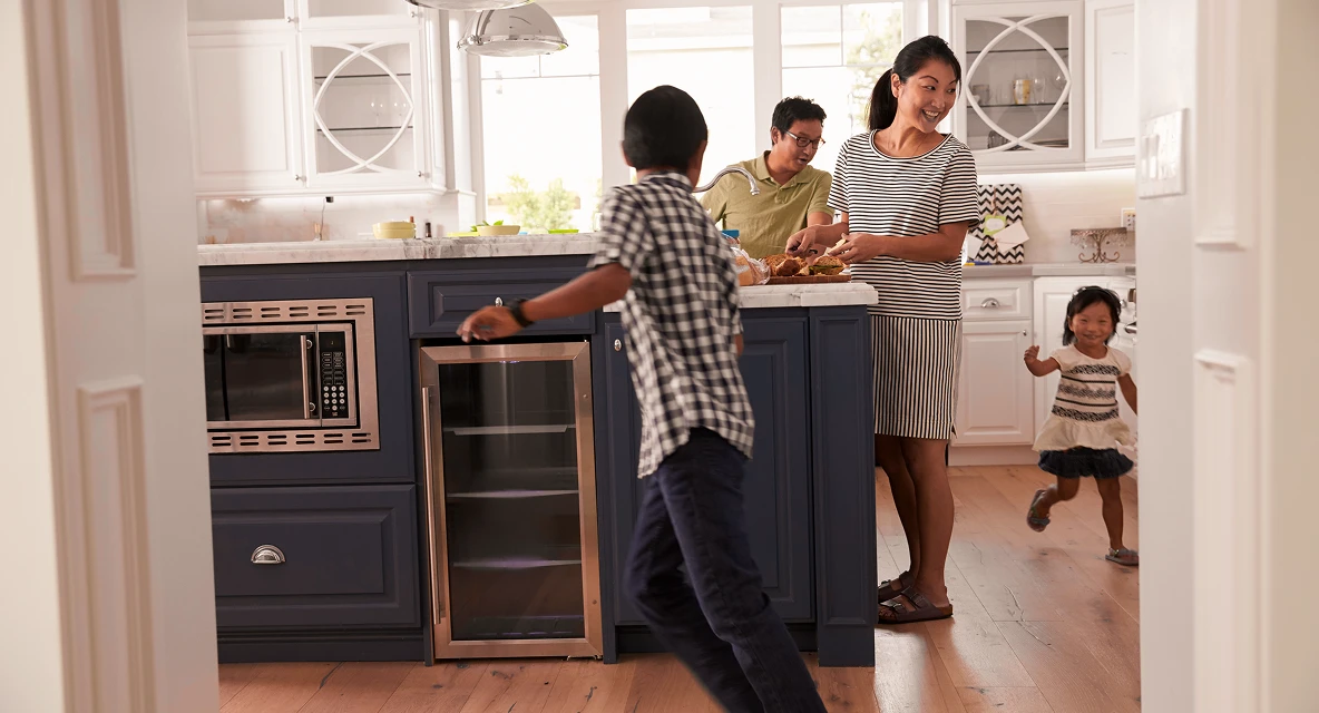 A family in their kitchen